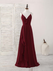 Simple Burgundy V Neck Chiffon Long Prom Dresses, Bridesmaid Dresses