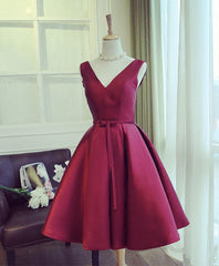 Simple Burgundy V Neck Short Prom Dresses, Burgundy Evening Dresses