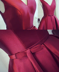 Simple Burgundy V Neck Short Prom Dresses, Burgundy Evening Dresses