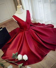 Simple Burgundy V Neck Short Prom Dresses, Burgundy Evening Dresses