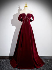 Simple Burgundy Velvet Off the Shoulder Beading Prom Dresses