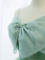 Simple Green Tulle Tea Length Prom Dresses, Green Tulle Homecoming Dresses