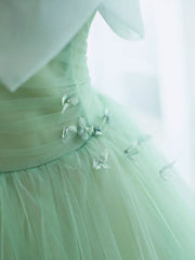 Simple Green Tulle Tea Length Prom Dresses, Green Tulle Homecoming Dresses