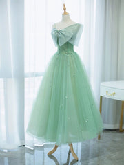 Simple Green Tulle Tea Length Prom Dresses, Green Tulle Homecoming Dresses