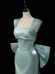 Simple hydra Satin Bow Tie Green Long Prom Dresses, Green Long Formal Dresses