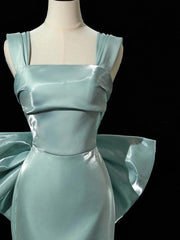 Simple hydra Satin Bow Tie Green Long Prom Dresses, Green Long Formal Dresses