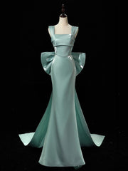 Simple hydra Satin Bow Tie Green Long Prom Dresses, Green Long Formal Dresses