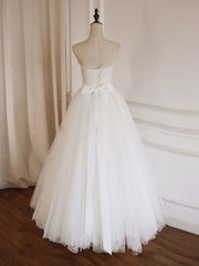 Simple  Lace Tea Length White Prom Dresses, Tulle Lace Bridesmaid Dresses