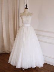 Simple  Lace Tea Length White Prom Dresses, Tulle Lace Bridesmaid Dresses