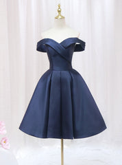 Simple Navy Blue Satin Off the Shoulder Homecoming Dresses