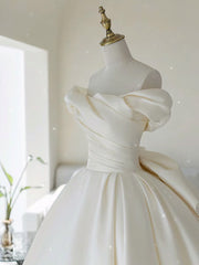 Simple Off Shoulder Satin ivory Long Wedding Dresses