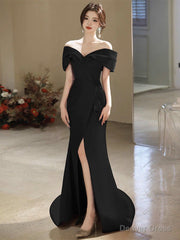 Simple Off Shoulder Satin Mermaid Black Long Prom Dress, Black Long Formal Dress