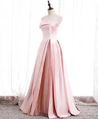 Simple Pink Satin Long Prom Dresses, Pink Formal Bridesmaid Dresses