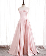 Simple Pink Satin Long Prom Dresses, Pink Formal Bridesmaid Dresses