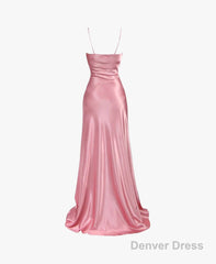 Simple Pink Spaghetti Straps Long Prom Dress with Split