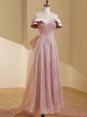 Simple Pink Tulle Sequins Off the Shoulder Prom Dress