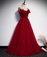 Simple Round Neck Tulle Burgundy Long Prom Dresses, Burgundy Formal Dresses