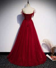 Simple Round Neck Tulle Burgundy Long Prom Dresses, Burgundy Formal Dresses