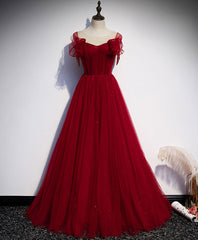 Simple Round Neck Tulle Burgundy Long Prom Dresses, Burgundy Formal Dresses