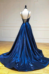 Simple Satin Long A-Line Prom Dresses, Blue Spaghetti Strap Evening Party Dresses