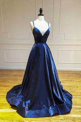 Simple Satin Long A-Line Prom Dresses, Blue Spaghetti Strap Evening Party Dresses