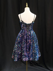 Simple Sequin Blue Short Prom Dresses, Blue Homecoming Dresses