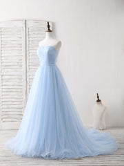 Simple Sweetheart Blue Tulle Long Prom Dresses Blue Evening Dresses