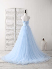 Simple Sweetheart Blue Tulle Long Prom Dresses Blue Evening Dresses