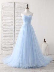 Simple Sweetheart Blue Tulle Long Prom Dresses Blue Evening Dresses