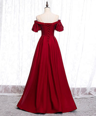 Simple Sweetheart Burgundy Satin Long Prom Dresses, Burgundy Formal Graduation Dresses