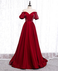 Simple Sweetheart Burgundy Satin Long Prom Dresses, Burgundy Formal Graduation Dresses