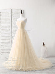 Simple Sweetheart Champagne Tulle Long Prom Dresses Champagne Evening Dresses