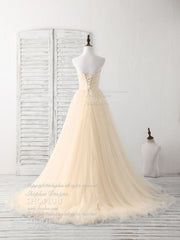 Simple Sweetheart Champagne Tulle Long Prom Dresses Champagne Evening Dresses