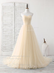 Simple Sweetheart Champagne Tulle Long Prom Dresses Champagne Evening Dresses