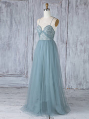 Simple Sweet Coute Neck Tulle en dentelle robes de bal, robes de demoiselle d'honneur bleu gris