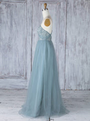 Simple Sweet Coute Neck Tulle en dentelle robes de bal, robes de demoiselle d'honneur bleu gris