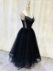 Simple Tulle Tea Length Black Prom Dresses, Black Homecoming Dresses