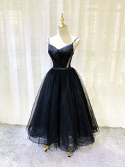 Simple Tulle Tea Length Black Prom Dresses, Black Homecoming Dresses