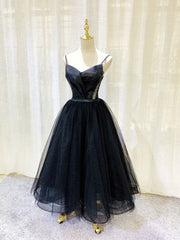 Simple Tulle Tea Length Black Prom Dresses, Black Homecoming Dresses