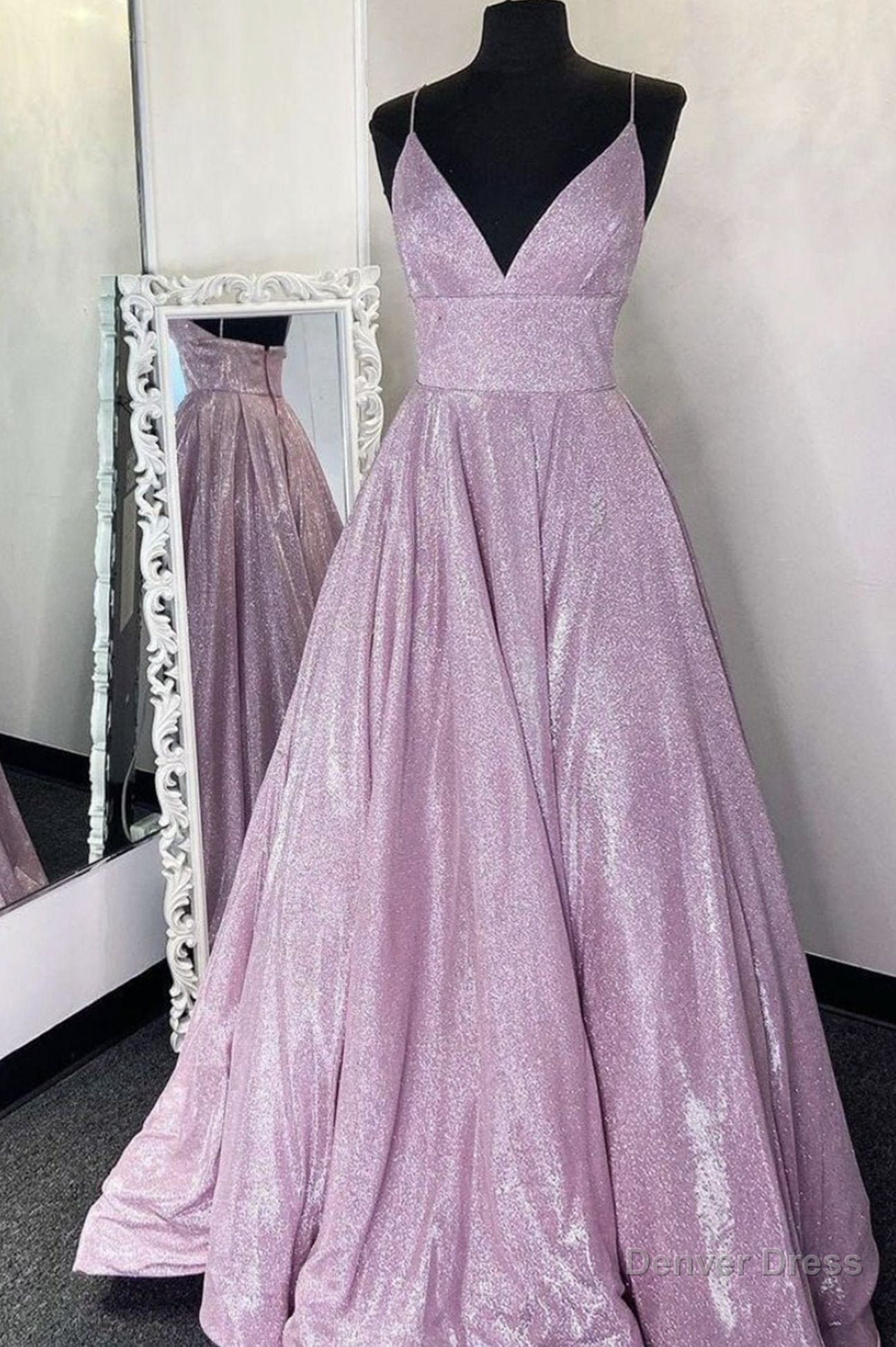 Simple v neck A-line long prom dress sequin evening dress