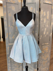 Simple v neck light blue short prom Dresses, blue homecoming Dresses