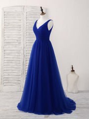 Simple V Neck Royal Blue Tulle Long Prom Dresses Blue Evening Dresses