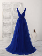 Simple V Neck Royal Blue Tulle Long Prom Dresses Blue Evening Dresses