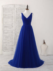 Simple V Neck Royal Blue Tulle Long Prom Dresses Blue Evening Dresses