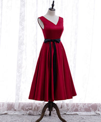 Simple V Neck Satin Burgundy Short Prom Dresses, Burgundy Bridesmaid Dresses