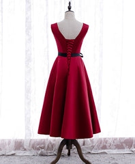 Simple V Neck Satin Burgundy Short Prom Dresses, Burgundy Bridesmaid Dresses