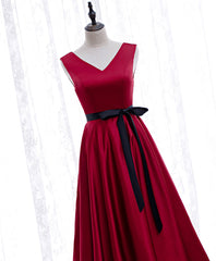 Simple V Neck Satin Burgundy Short Prom Dresses, Burgundy Bridesmaid Dresses