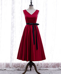 Simple V Neck Satin Burgundy Short Prom Dresses, Burgundy Bridesmaid Dresses