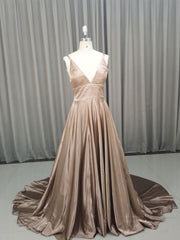 Simple v neck satin champagne long prom Dresses champagne evening Dresses