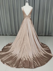 Simple v neck satin champagne long prom Dresses champagne evening Dresses